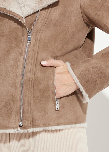 Blouson zippé façon peau lainée Taupe