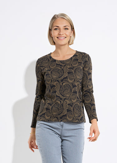 T-shirt jacquard fleuri col rond Noir/Camel