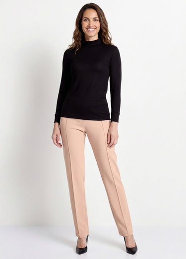 Pantalon droit taille élastiquée maille côtelée Beige