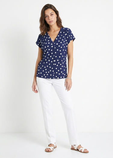 T-shirt ample imprimé pois col V Marine / Blanc