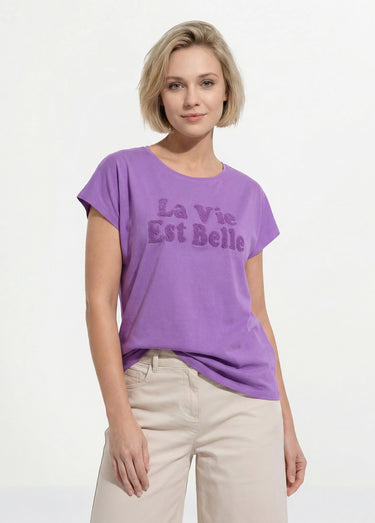 T-shirt uni col rond message bouclette Violet