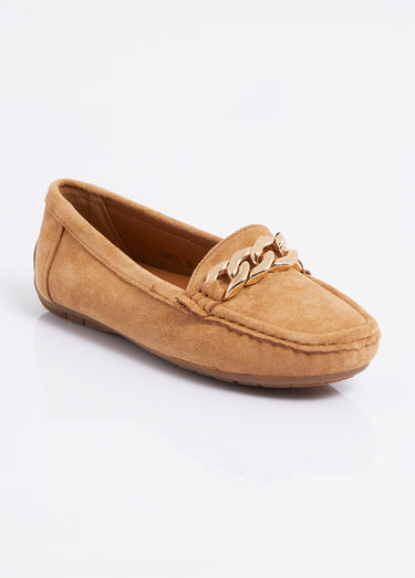 Mocassins suédine, bride maillons métal Camel