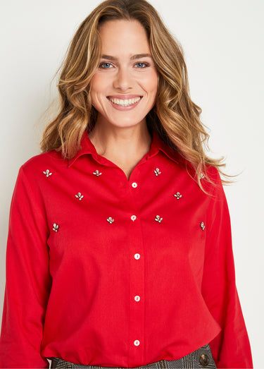 Chemisier droit boutonné coton uni bijoux Rouge
