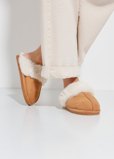 Chaussons mules avec fourrure synthétique Camel