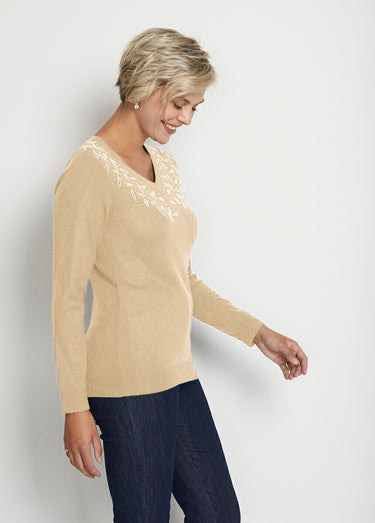 Pull col V strassé manches longues Beige