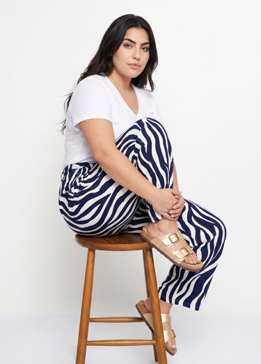 Pantalon large élastiqué, imprimé vagues Marine/Ecru