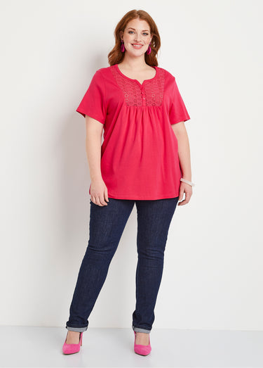 T-shirt long boutonné broderie anglaise Framboise
