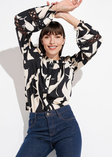 Blouse motif graphique détails dentelle Noir / Blanc