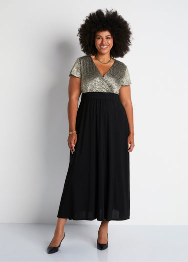Robe longue cache-coeur bicolore Noir/Dore