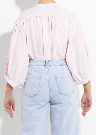 Chemisier ample vichy, broderies fluo Rose