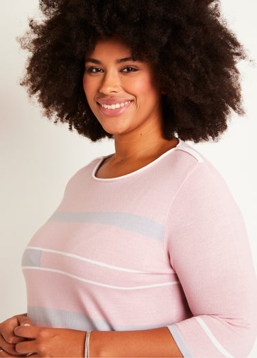 Pull manches 3/4 col bateau jacquard rayé devant Rose/Gris