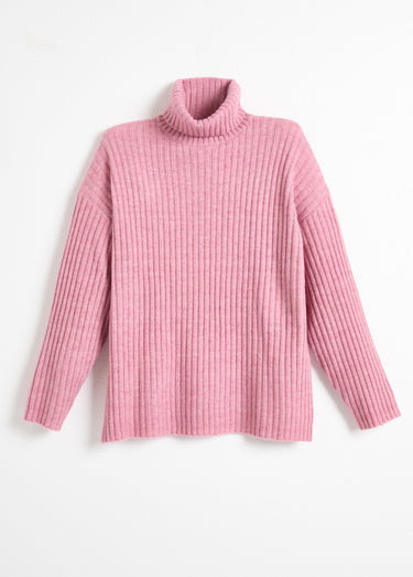 Pull col roulé manches longues descendues Uni rose