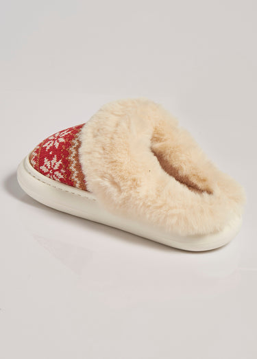 Chaussons fourrure et jacquard thème Noël Rouge