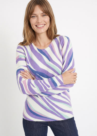 Pull doux court col rond imprimé graphique Ecru/Violet