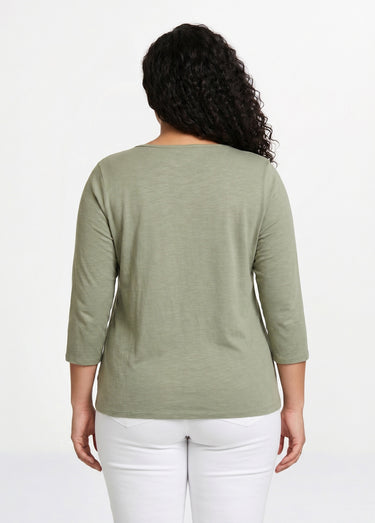 T-shirt coton et dentelle manches 3/4 Kaki