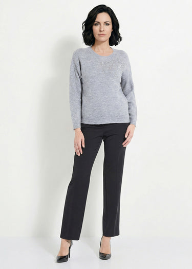 Pull doux col rond avec strass et sequins Gris