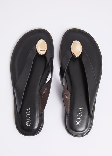 Tongs simili cuir, détail bijou métal Noir
