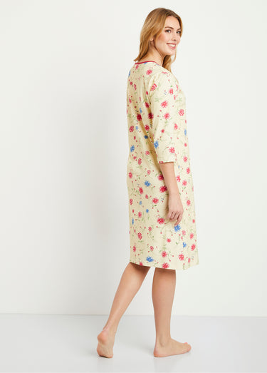 Chemise de nuit coton fleuri manches 3/4 Fond Jaune