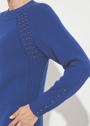 Robe-pull col montant détails côtelés perlés Bleu