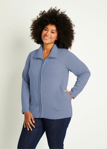 Gilet zippé long uni col montant Ciel