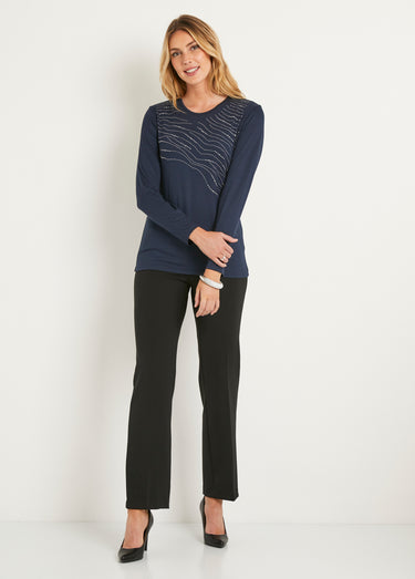 T-shirt uni droit court avec strass col rond Marine