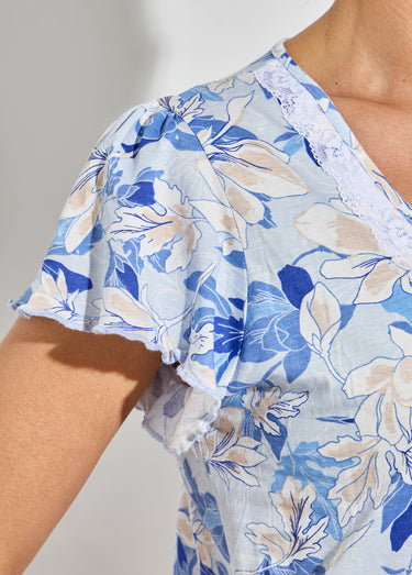 Chemise de nuit coton dentelle Imprime/Bleu