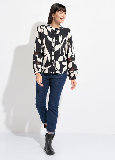 Blouse motif graphique détails dentelle Noir / Blanc