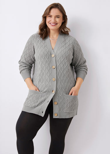 Gilet long boutonné torsades col V Gris