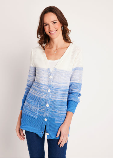 Gilet long col V boutonné coton Blanc/Bleu
