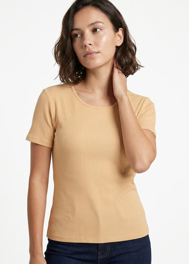 T-shirt coton côtelé col rond Sable