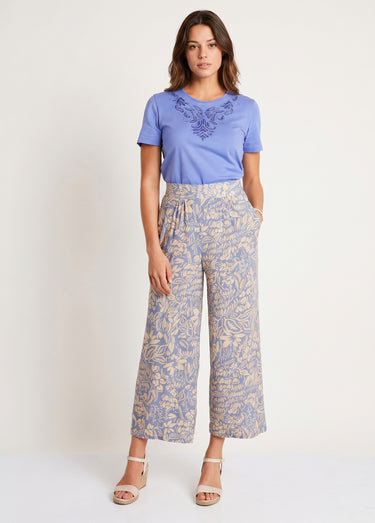 Pantalon large taille élastiquée fleuri ou uni Bleu / Écru