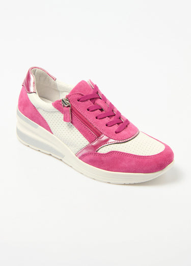 Baskets grande largeur compensées cuir Fuchsia/Blanc