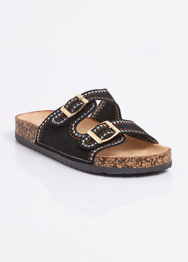 Mules folk à boucles, semelle type liège Noir