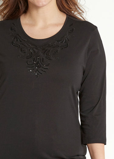 T-shirt court brodé manches 3/4 Noir