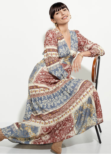 Robe longue à étages, motif patchwork Bleu / Beige