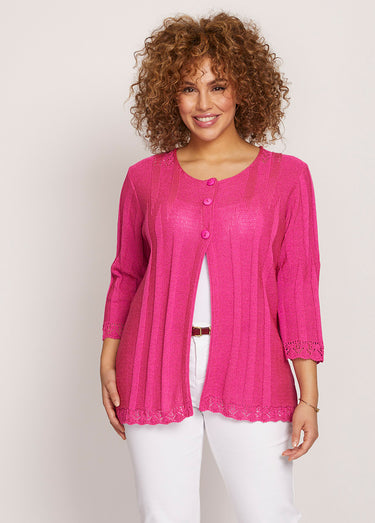 Cardigan boutonnée long ajouré Fuchsia