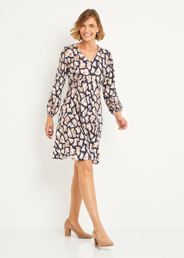 Robe courte maille graphique col V Bleu/Camel