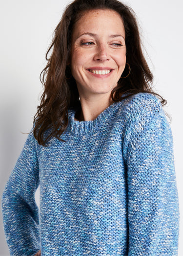 Pull mouliné col rond avec laine et alpaga Bleu / Écru