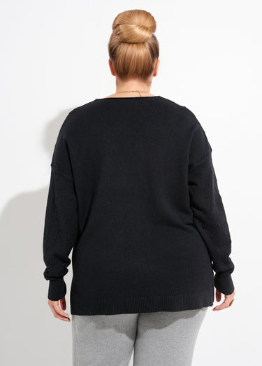 Pull col V maille fantaisie à pois Noir