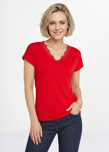 T-shirt court extensible dentelle Rouge