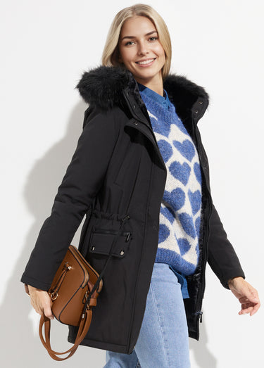 Parka chaude fourrure capuche amovible Noir