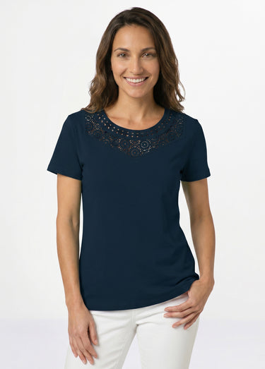 T-shirt macramé coton uni manches courtes Marine