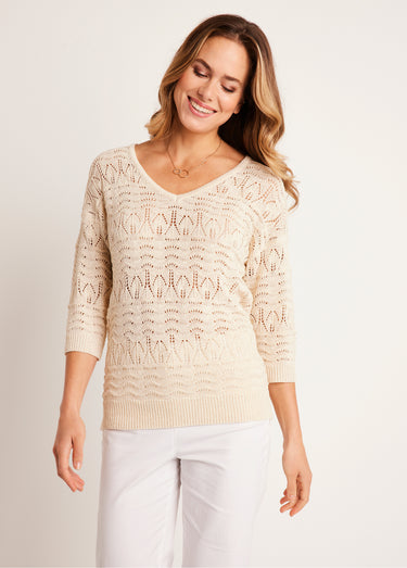 Pull manches 3/4 motif ajouré col V Ficelle