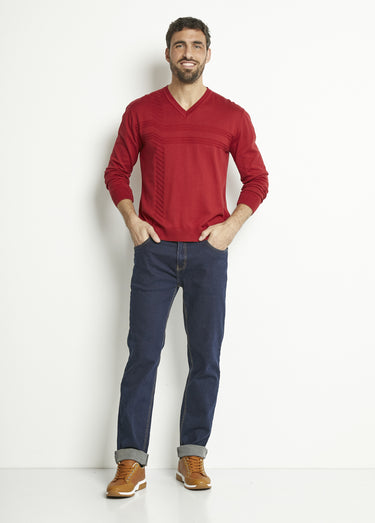 Pull col V manches longues coton Bordeaux