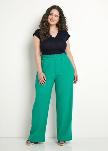 Pantalon vert large taille élastiquée maille relief Vert