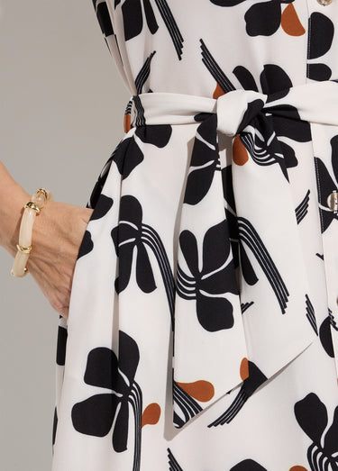 Robe-chemisier mi-longue ceinturée imprimée Blanc / Noir