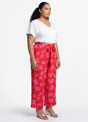 Pantalon large imprimé fleuri contrasté Rouge/Rose