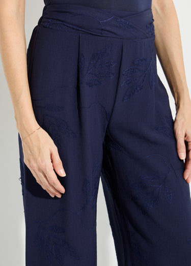 Pantalon large élastiqué brodé feuillage Marine