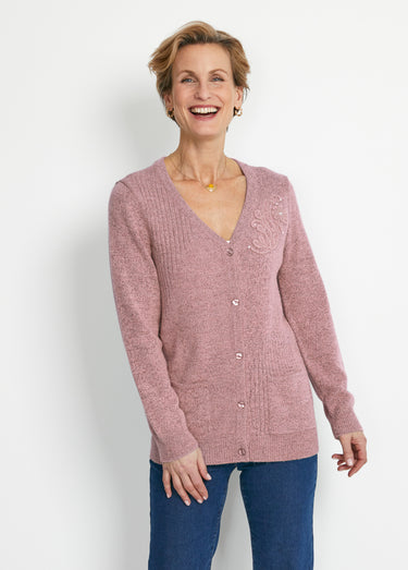 Gilet col V boutonné brodés strassé Rose