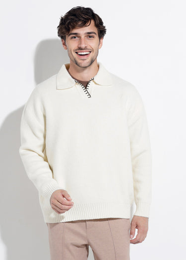 Pull avec col polo finition fantaisie Blanc